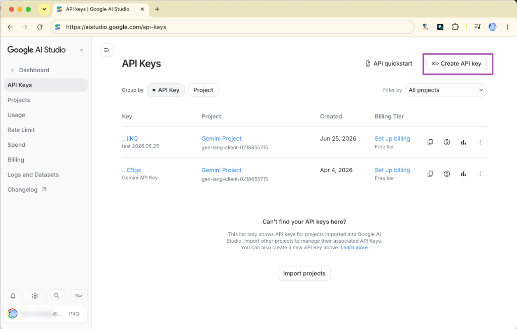 步驟二：點擊 Create API key 按鈕